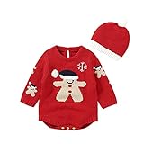 Bebé recién nacido niña suéter de Navidad mameluco de manga larga de punto muñeco de nieve mono con sombrero pompón invierno ropa cálida para 0-18 meses, rosso, 0-3 Meses