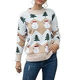 FINENDSUNNY Suéter Feo de Navidad para Mujer Suéteres Casuales de Punto con Cuello Redondo Top Árbol de Navidad y patrón de muñeco de Nieve Jersey Jersey Knittwear Trajes de Vacaciones (Caqui, Large)